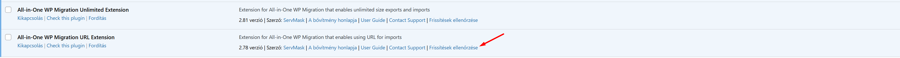 Bővítmény frissítés ellenőezése