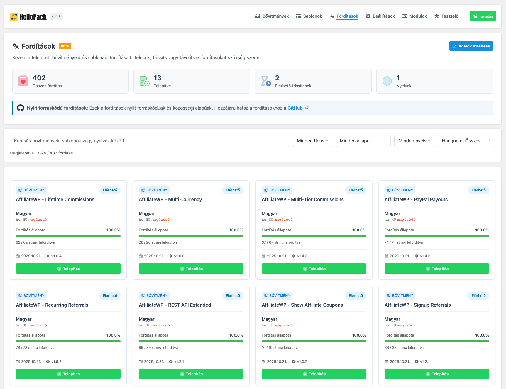 HelloPack fordítások kezelő felület