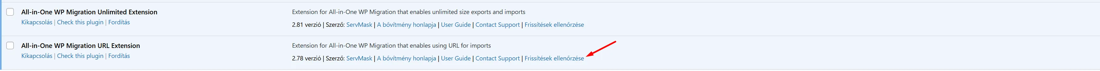 Bővítmény frissítés ellenőezése