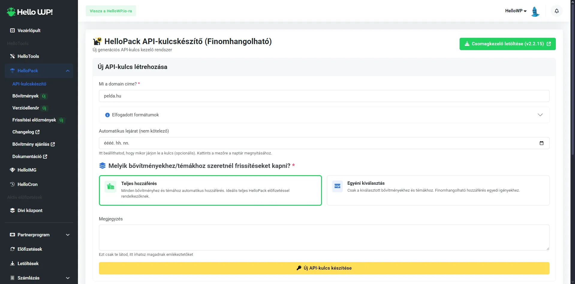 HelloPack API-kulcs másolás