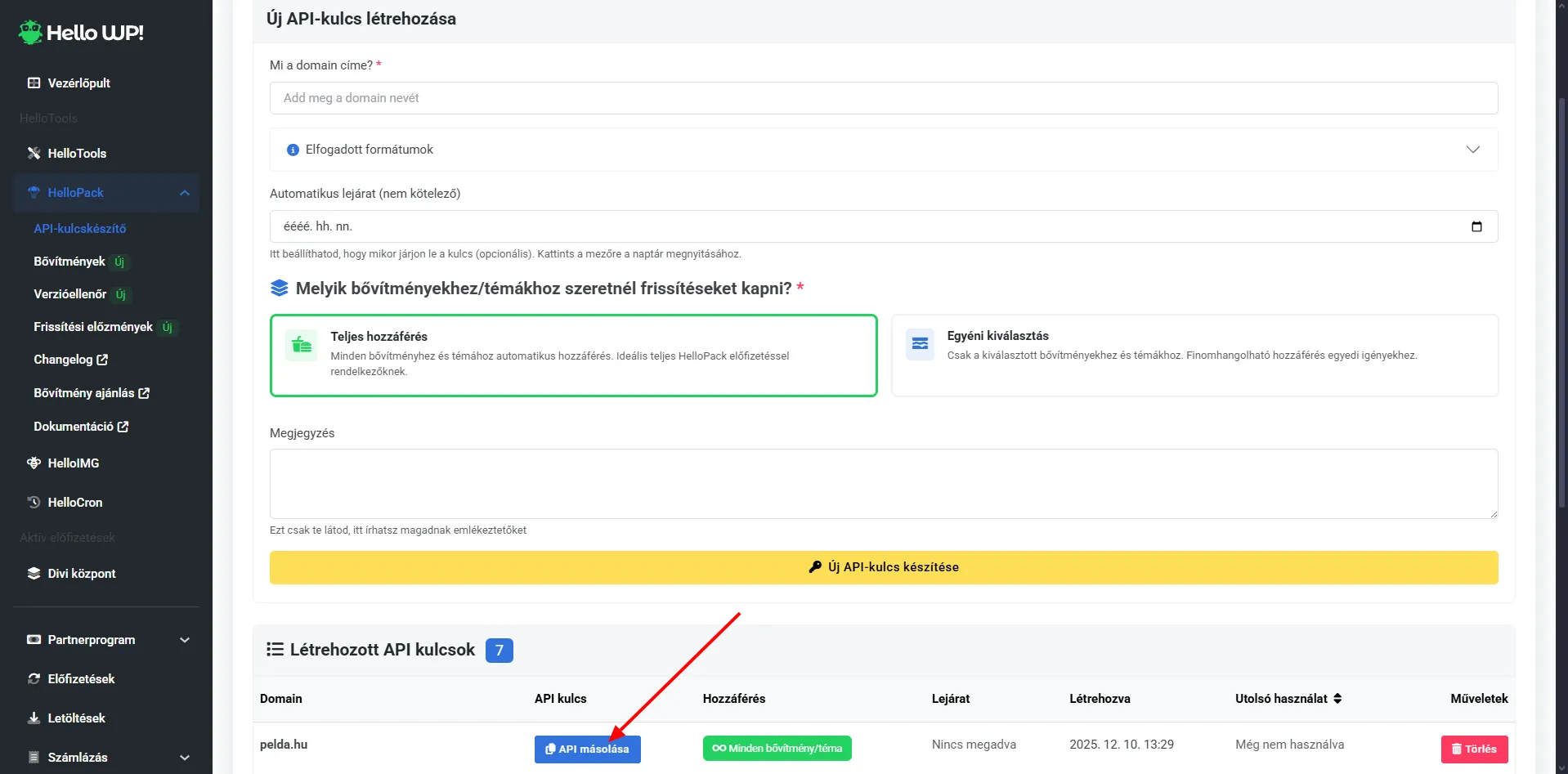 HelloPack API-kulcs másolás