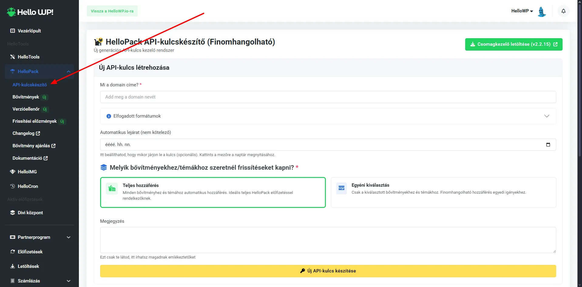 HelloPack API-kulcskészítő pozíció