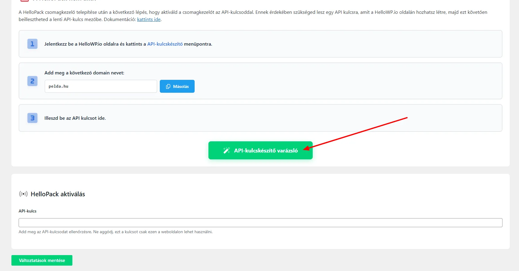 HelloPack API-kulcs másolás