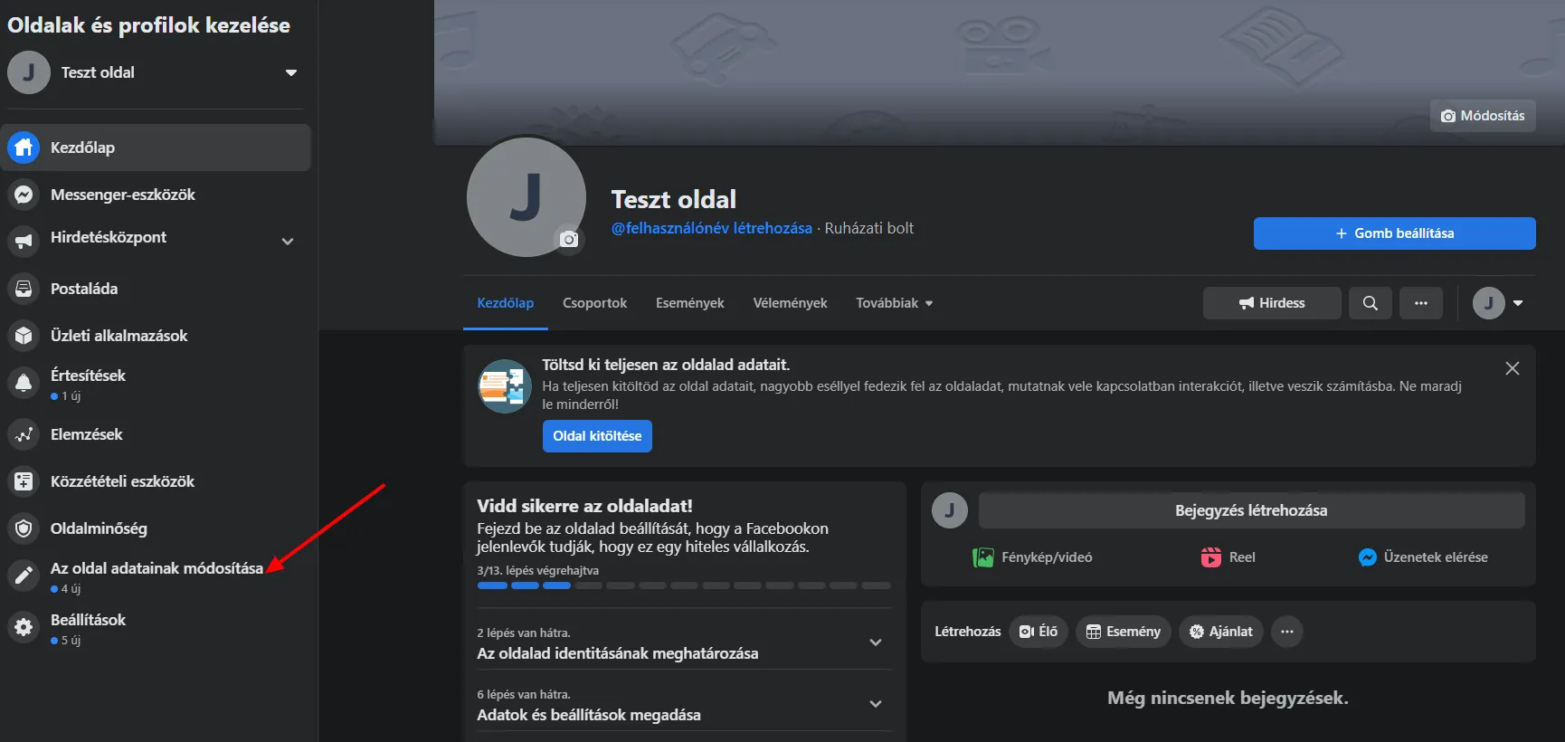 Facebook oldal adatainak kitöltése