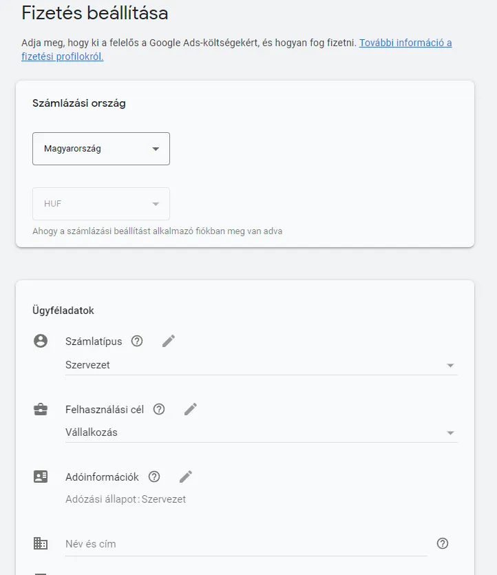Google Ads fiók létrehozva