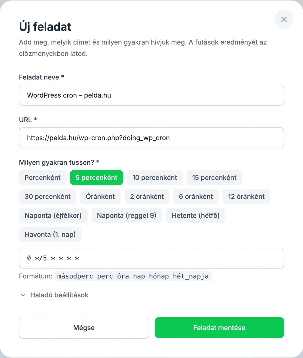 Az Új feladat ablak kitöltve