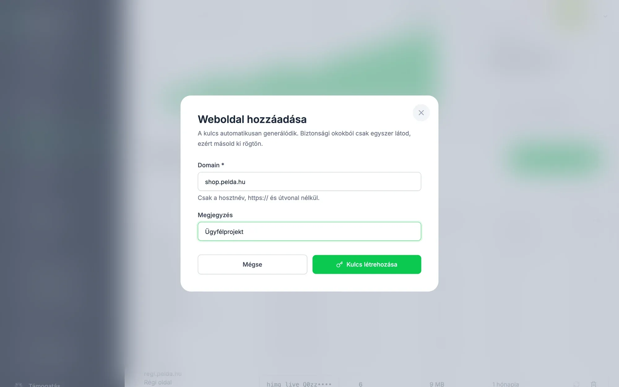 A Weboldal hozzáadása ablak kitöltve