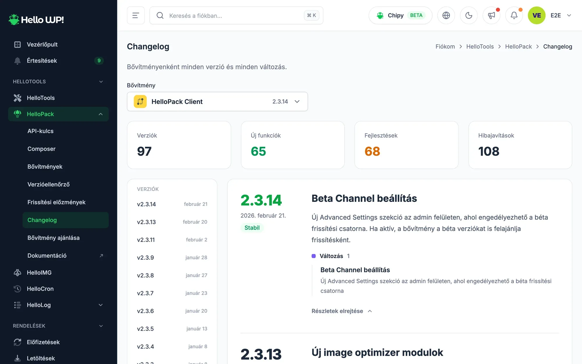 A HelloPack Client changelogja