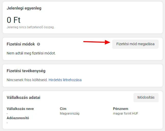 Facebook hirdetési fiók beállítás