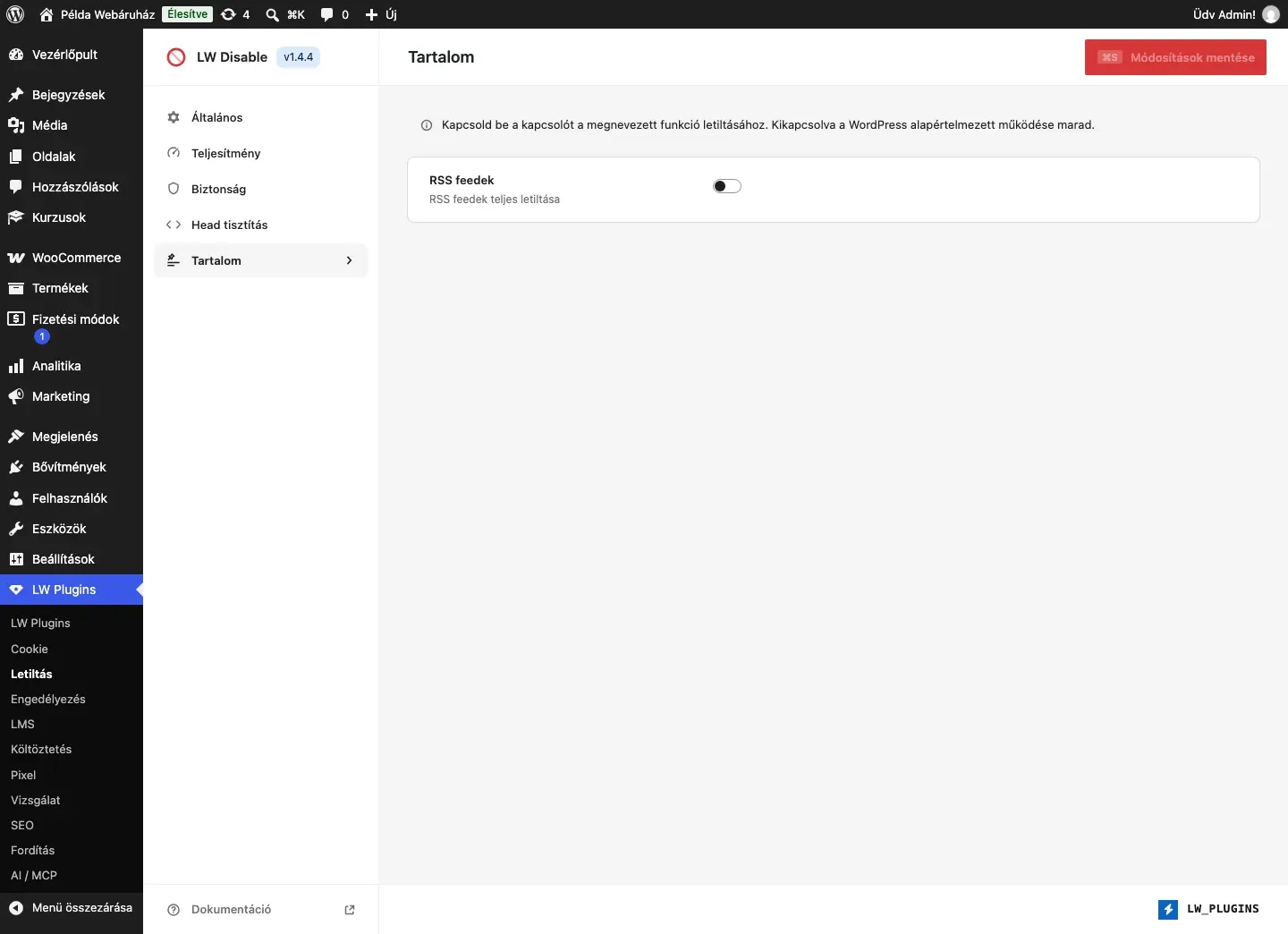 Az LW Disable Tartalom füle