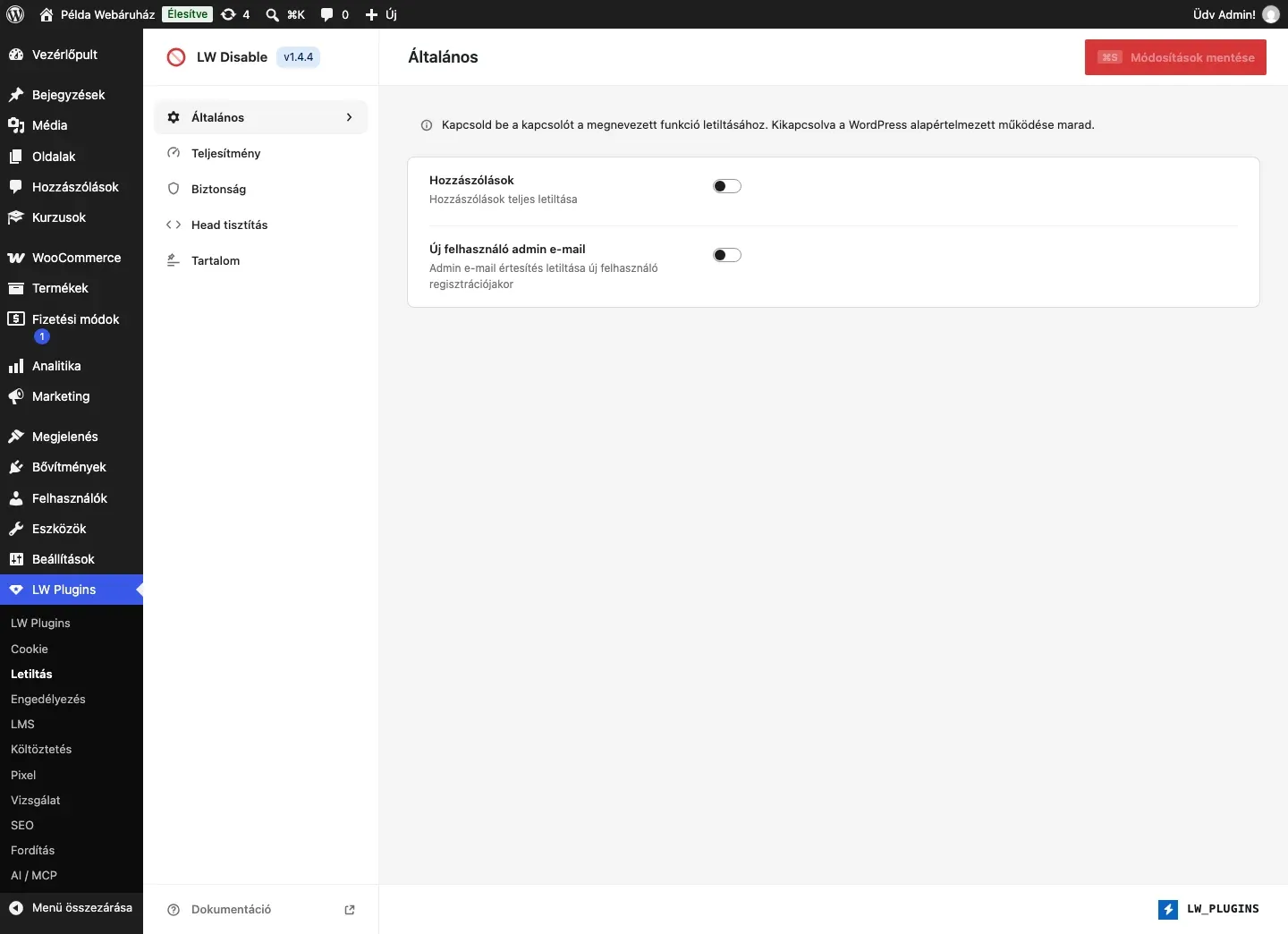 Az LW Disable Általános füle