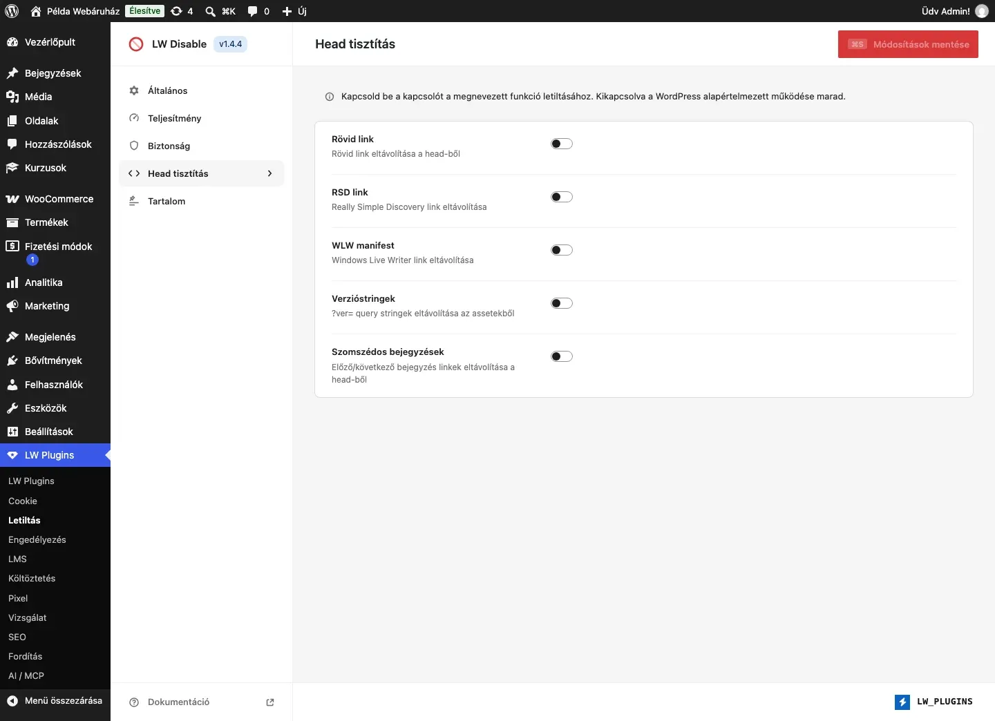 Az LW Disable Head tisztítás füle