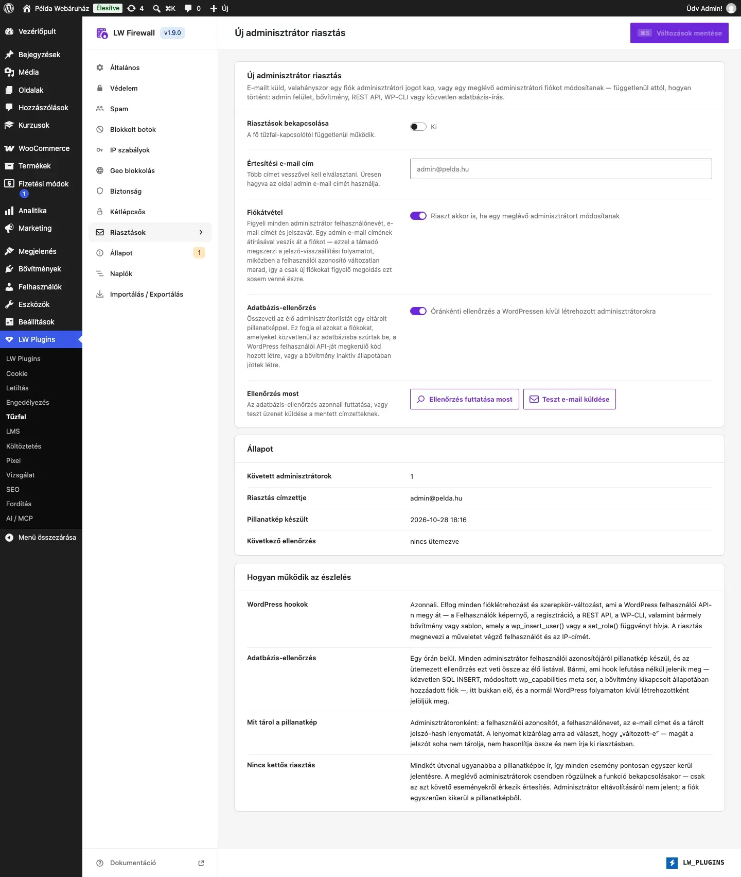 Az LW Firewall Riasztások füle
