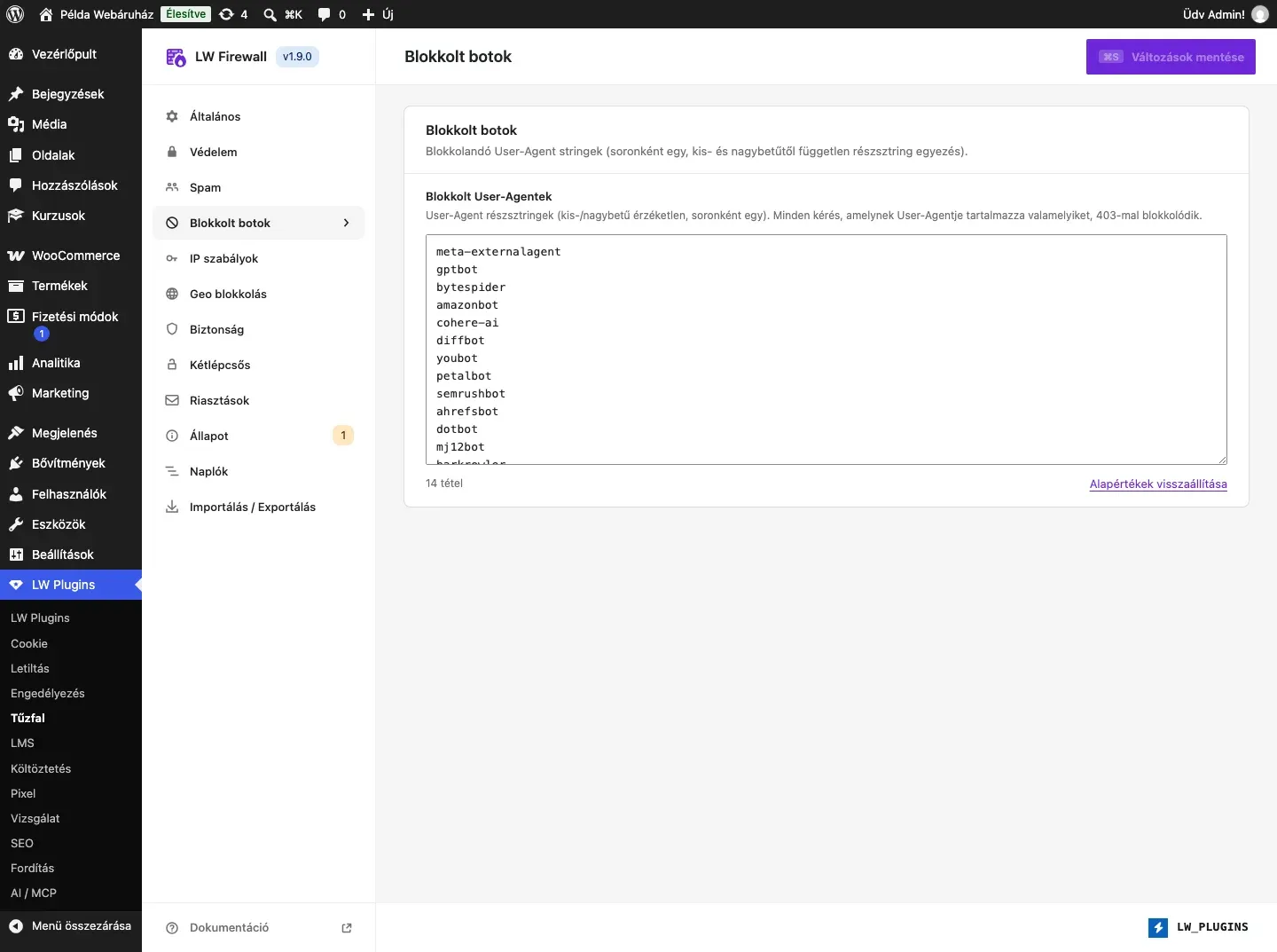 Az LW Firewall Blokkolt botok füle