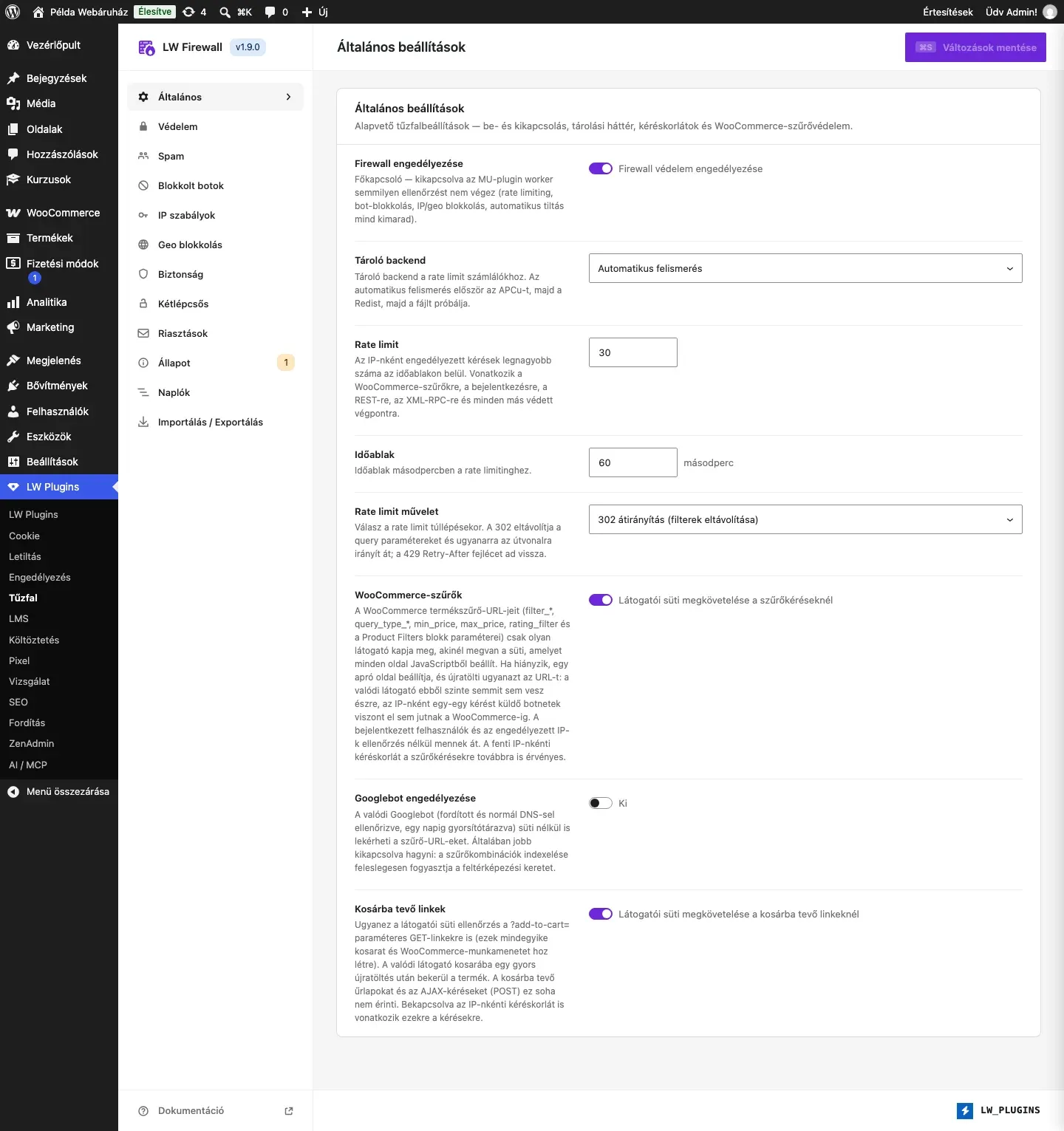 Az LW Firewall Általános füle