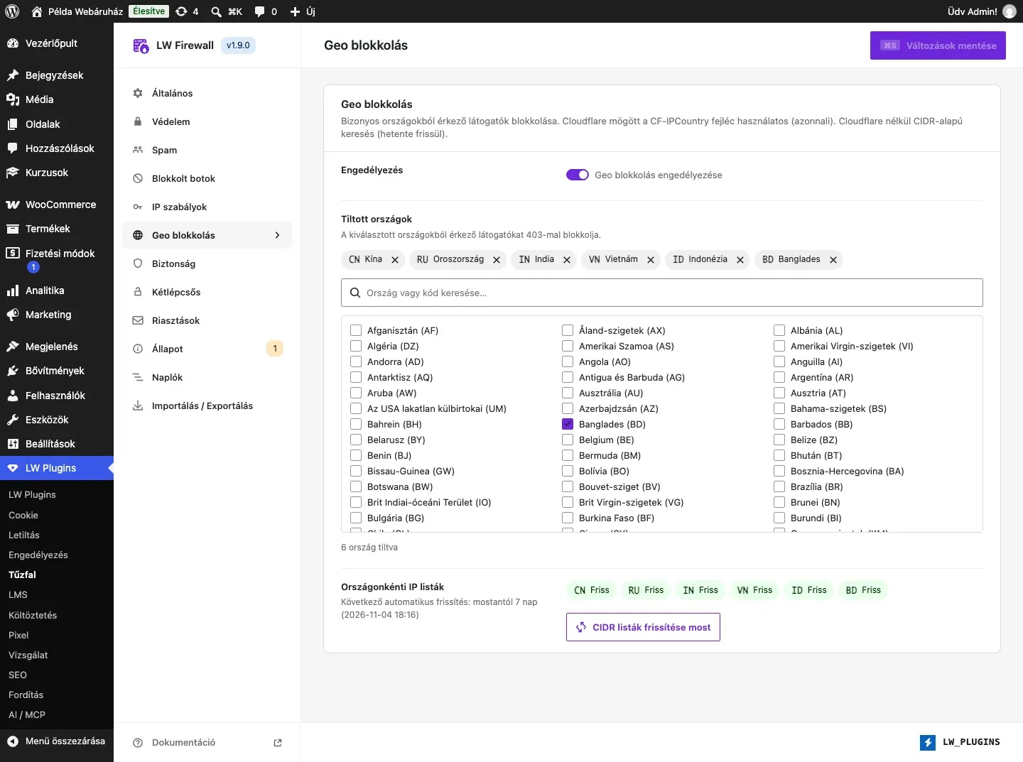 Az LW Firewall Geo blokkolás füle
