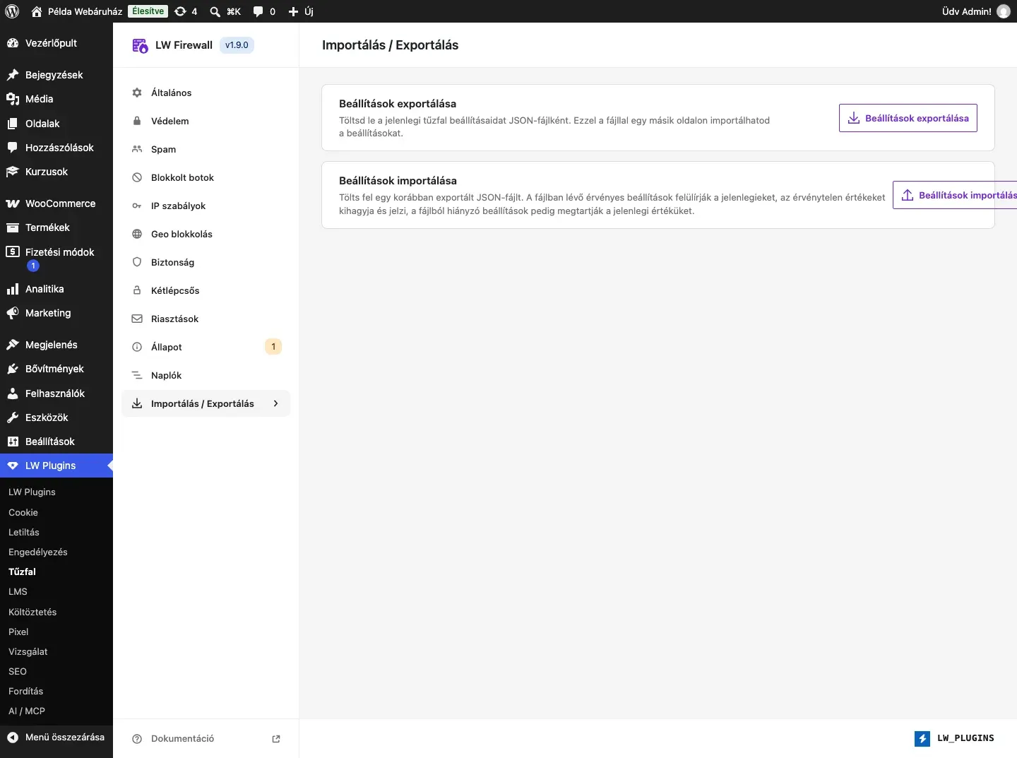 Az LW Firewall Importálás / Exportálás füle