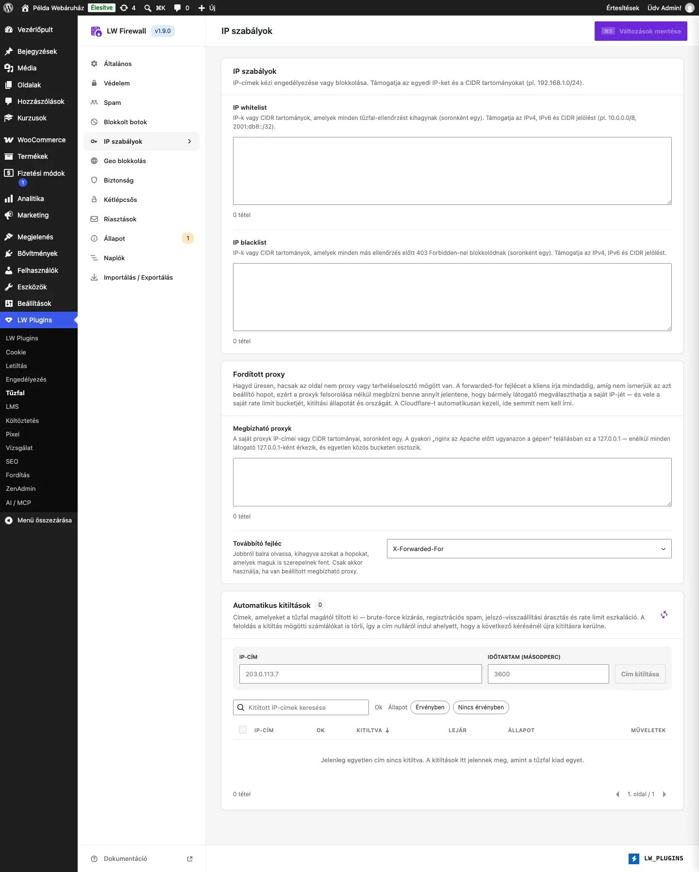 Az LW Firewall IP szabályok füle
