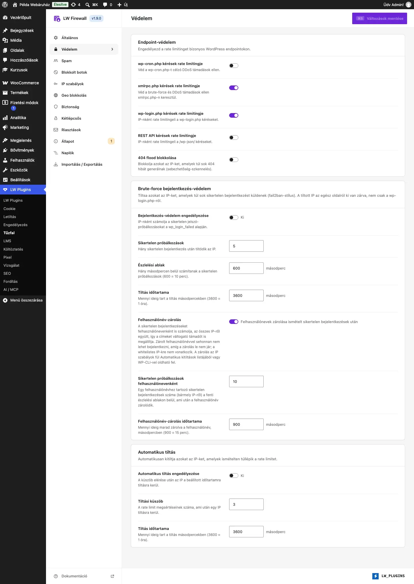 Az LW Firewall Védelem füle