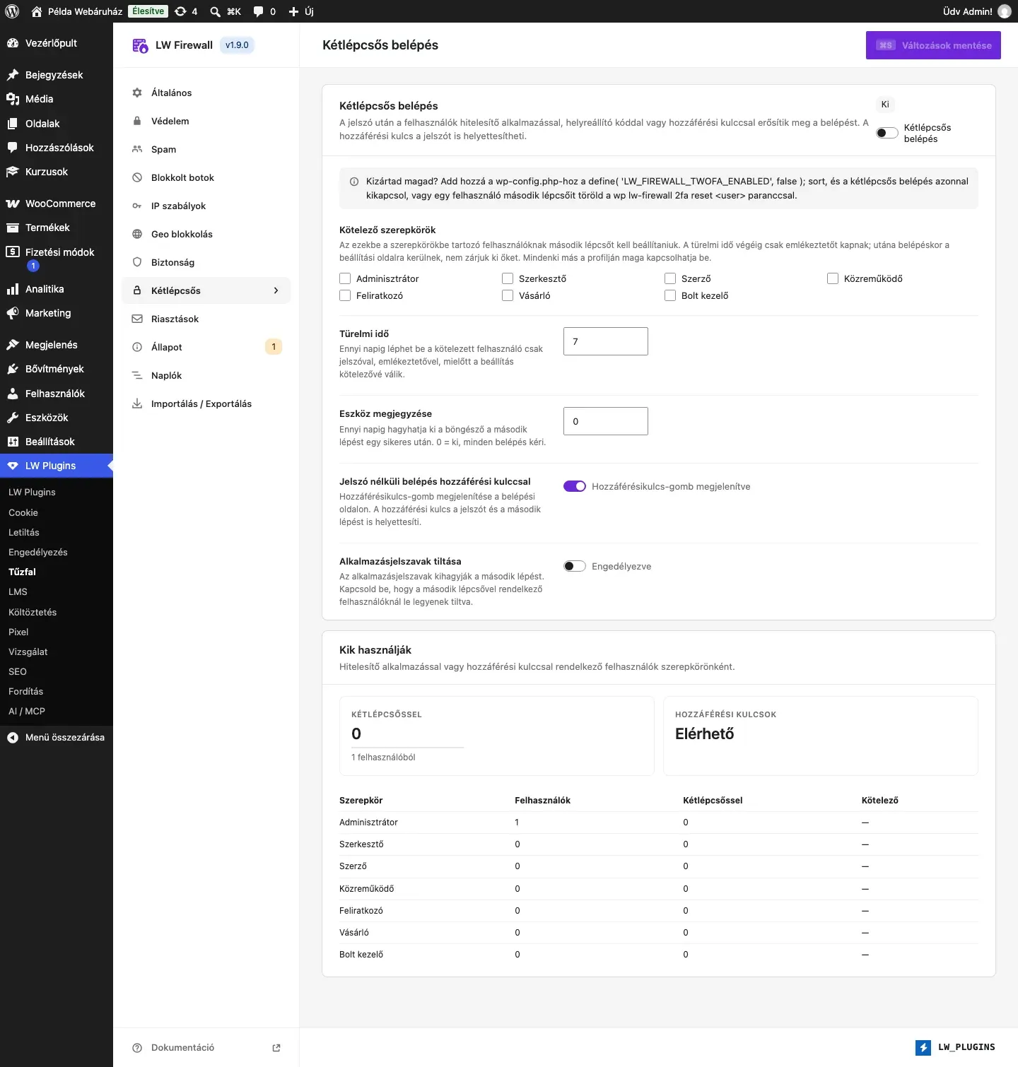 Az LW Firewall Kétlépcsős füle