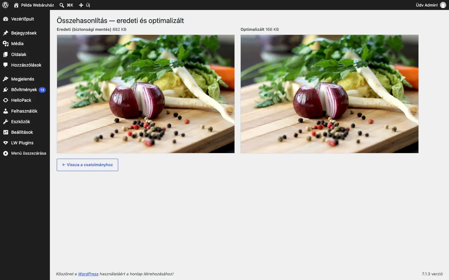 Az eredeti és az optimalizált kép összehasonlítása
