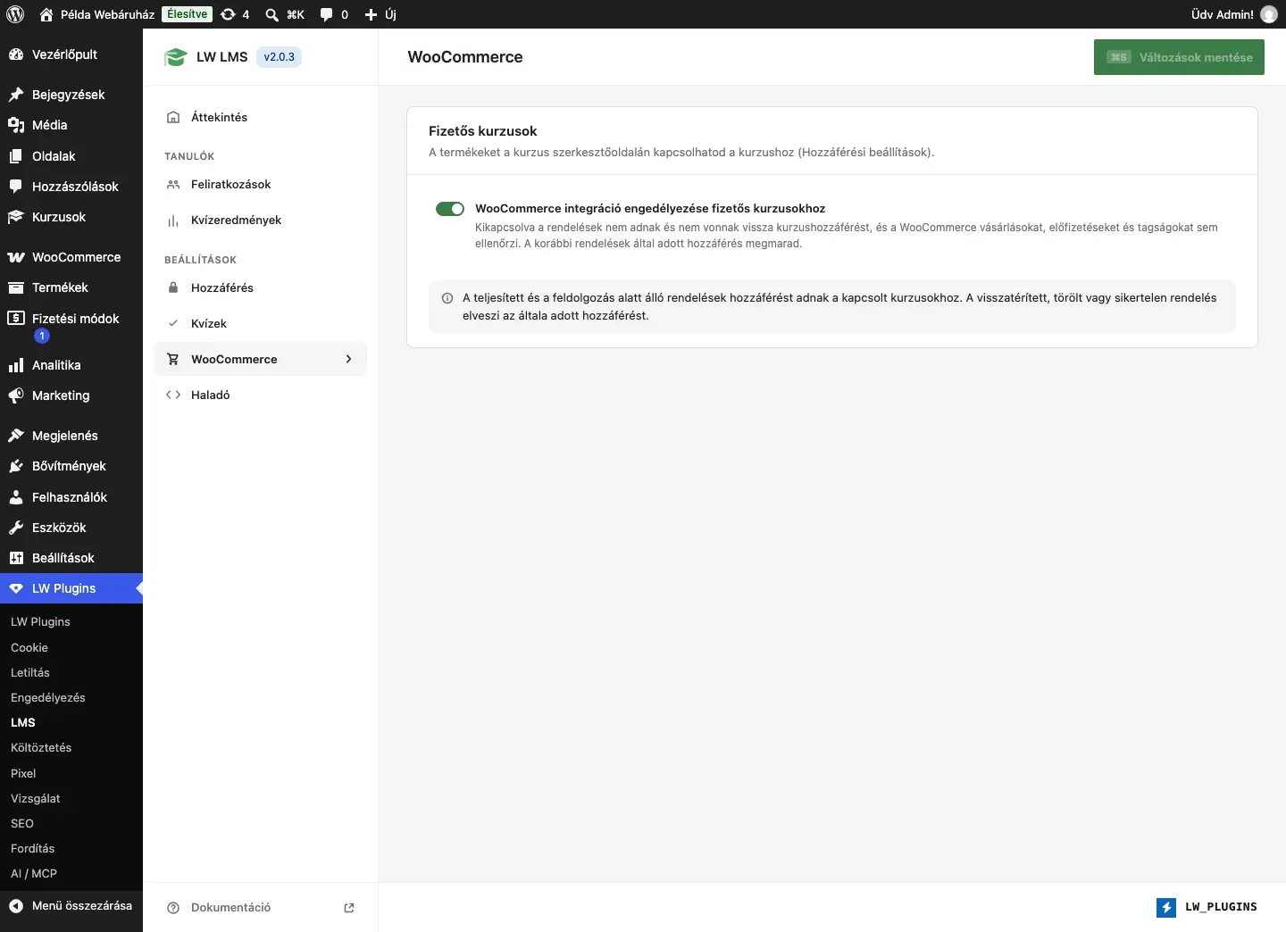 Az LW LMS WooCommerce füle
