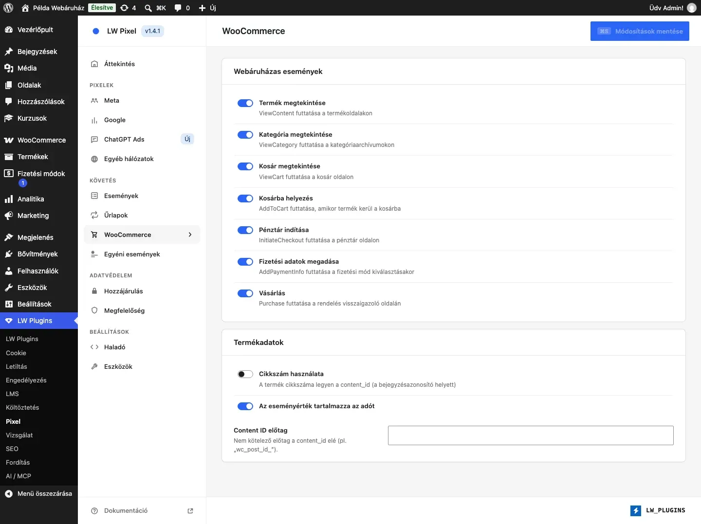 Az LW Pixel WooCommerce füle