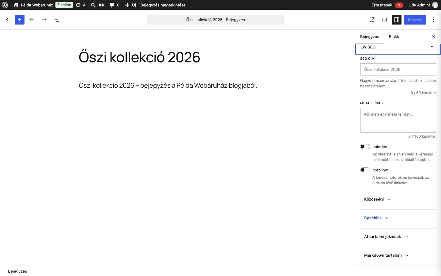 Az LW SEO panel a blokkszerkesztőben