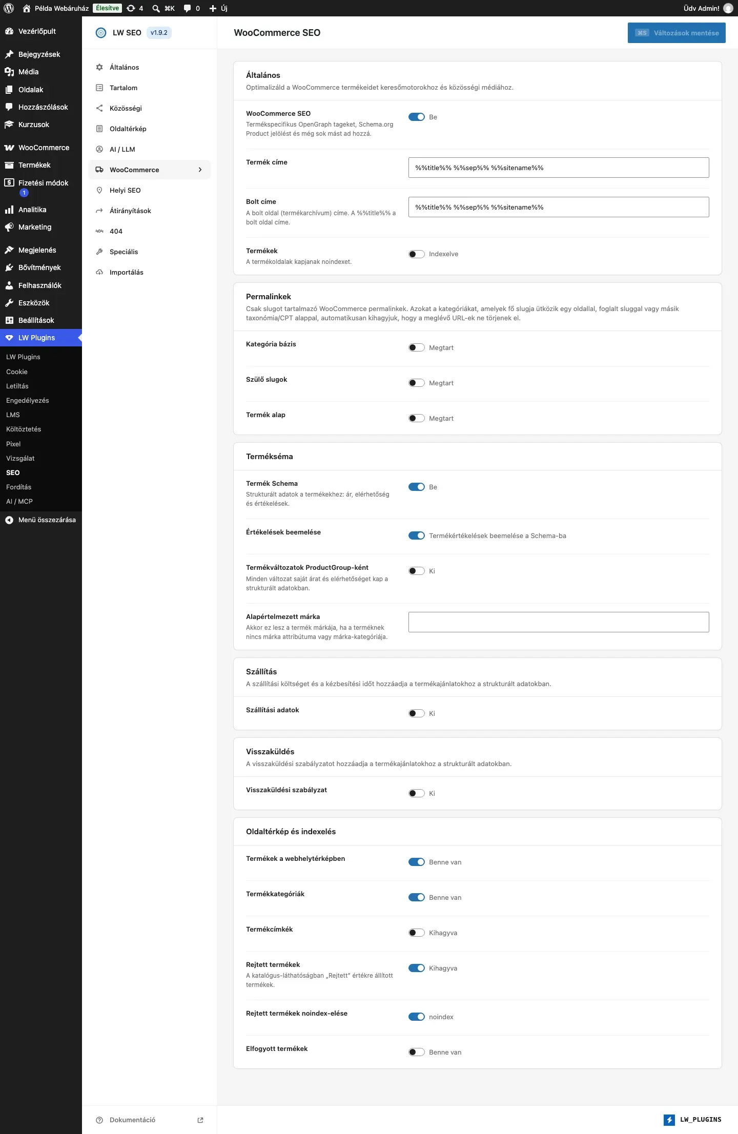 Az LW SEO WooCommerce füle