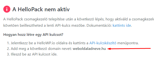 HelloPack API-kulcskészítő pozíció