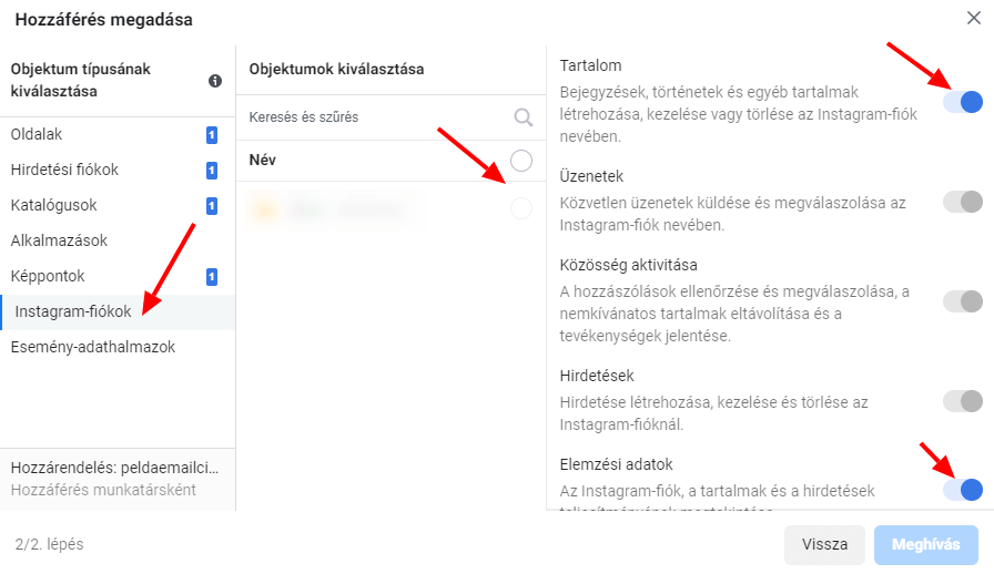 Facebook Instagram hozzáférés adás