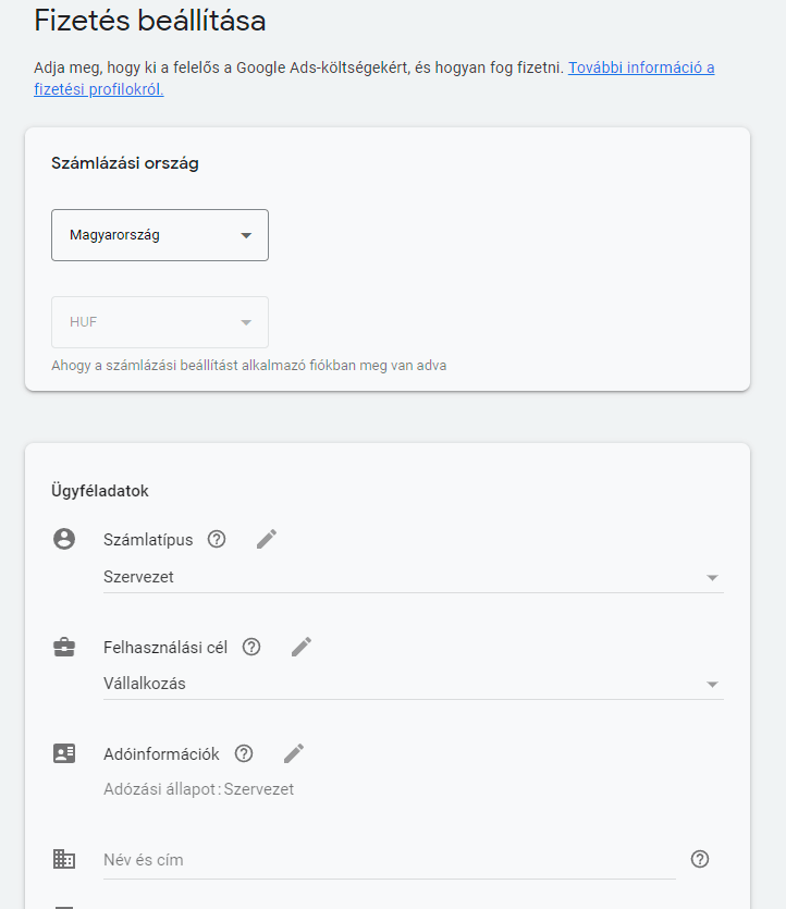 Google Ads fiók létrehozva