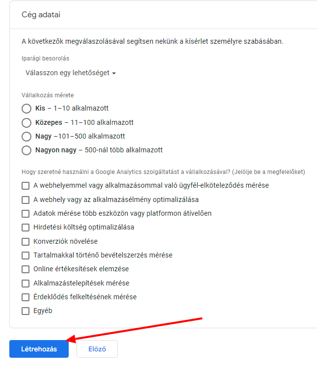 Google Analytics fiók létrehozása