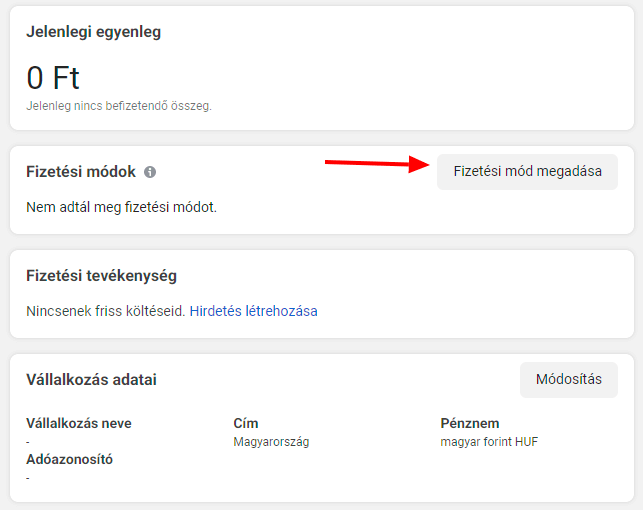 Facebook hirdetési fiók beállítás